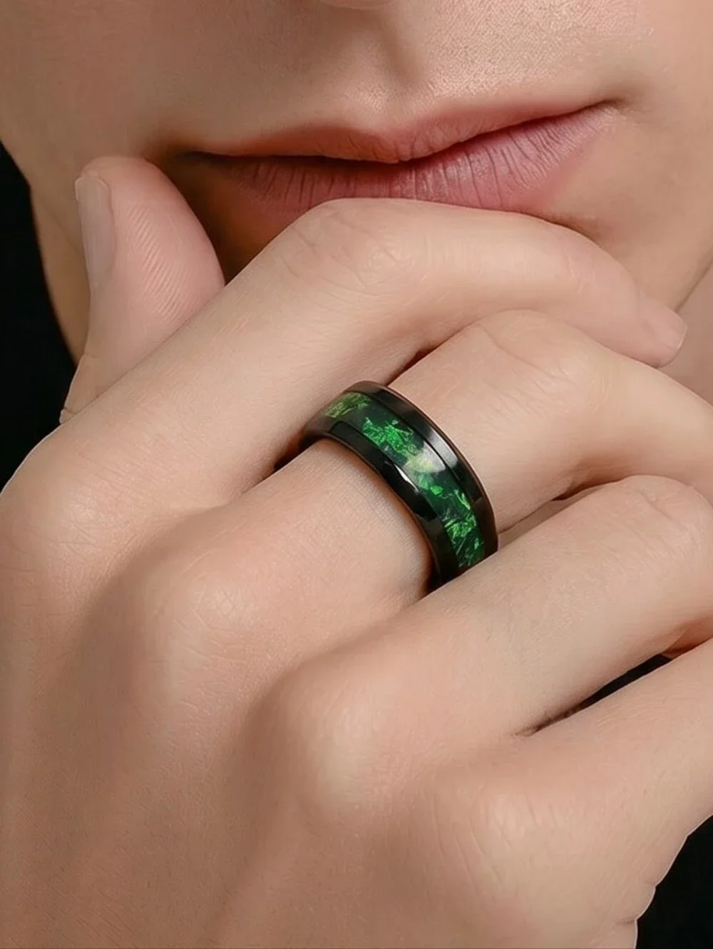 Size 11 Men's 8mm Titanium Steel Ring Casual Formal Comfort Band Black/Green NEW